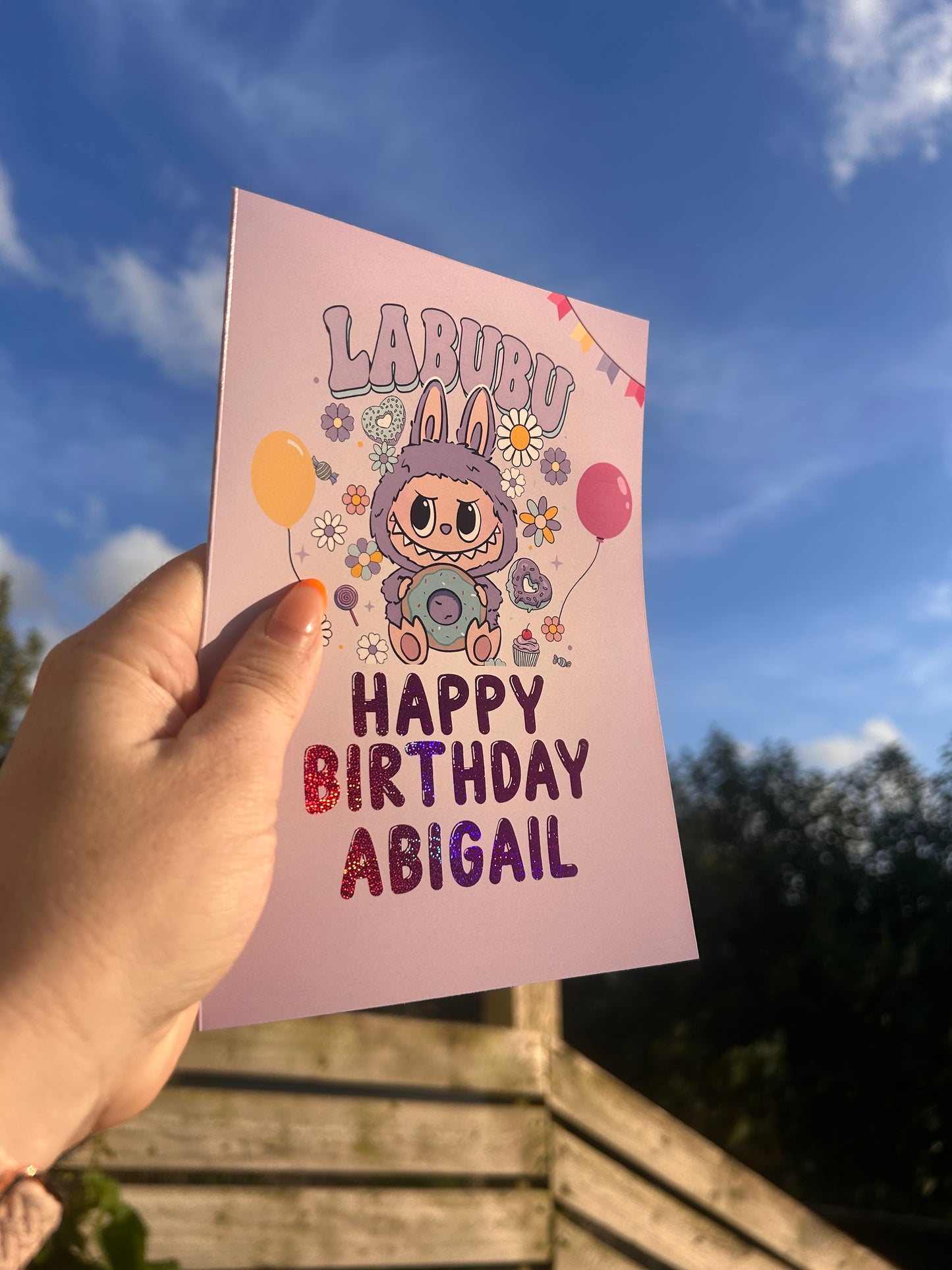 Purple Labubu Birthday Card 5x7 – Gold holographic Foil Finish | Cute Designer Greeting Card | Handmade Kawaii Art Toy Birthday Card (Copy)