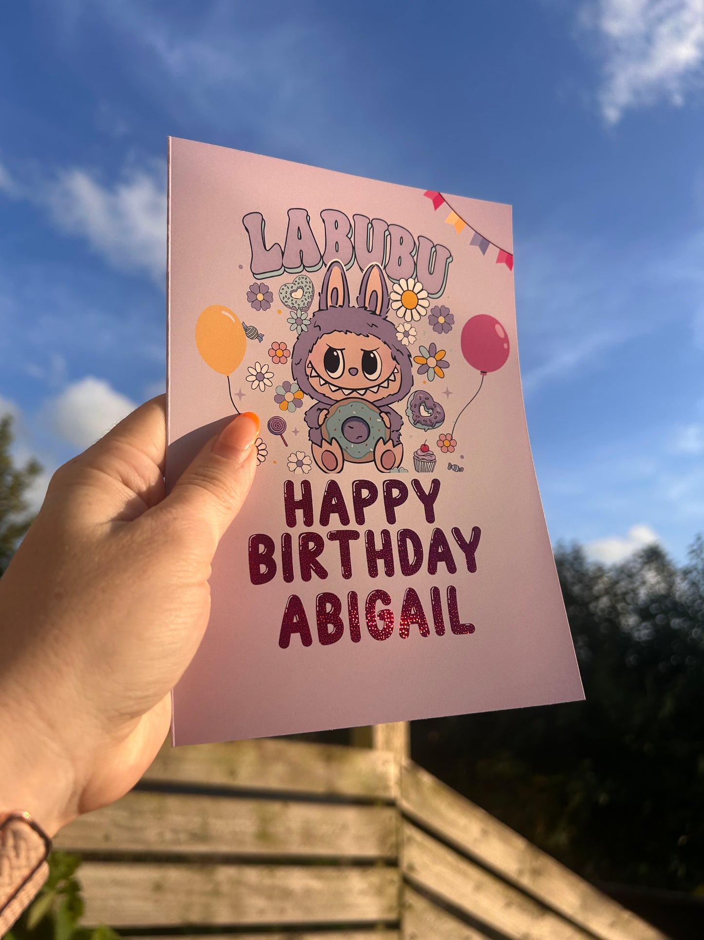 Purple Labubu Birthday Card 5x7 – Gold holographic Foil Finish | Cute Designer Greeting Card | Handmade Kawaii Art Toy Birthday Card (Copy)