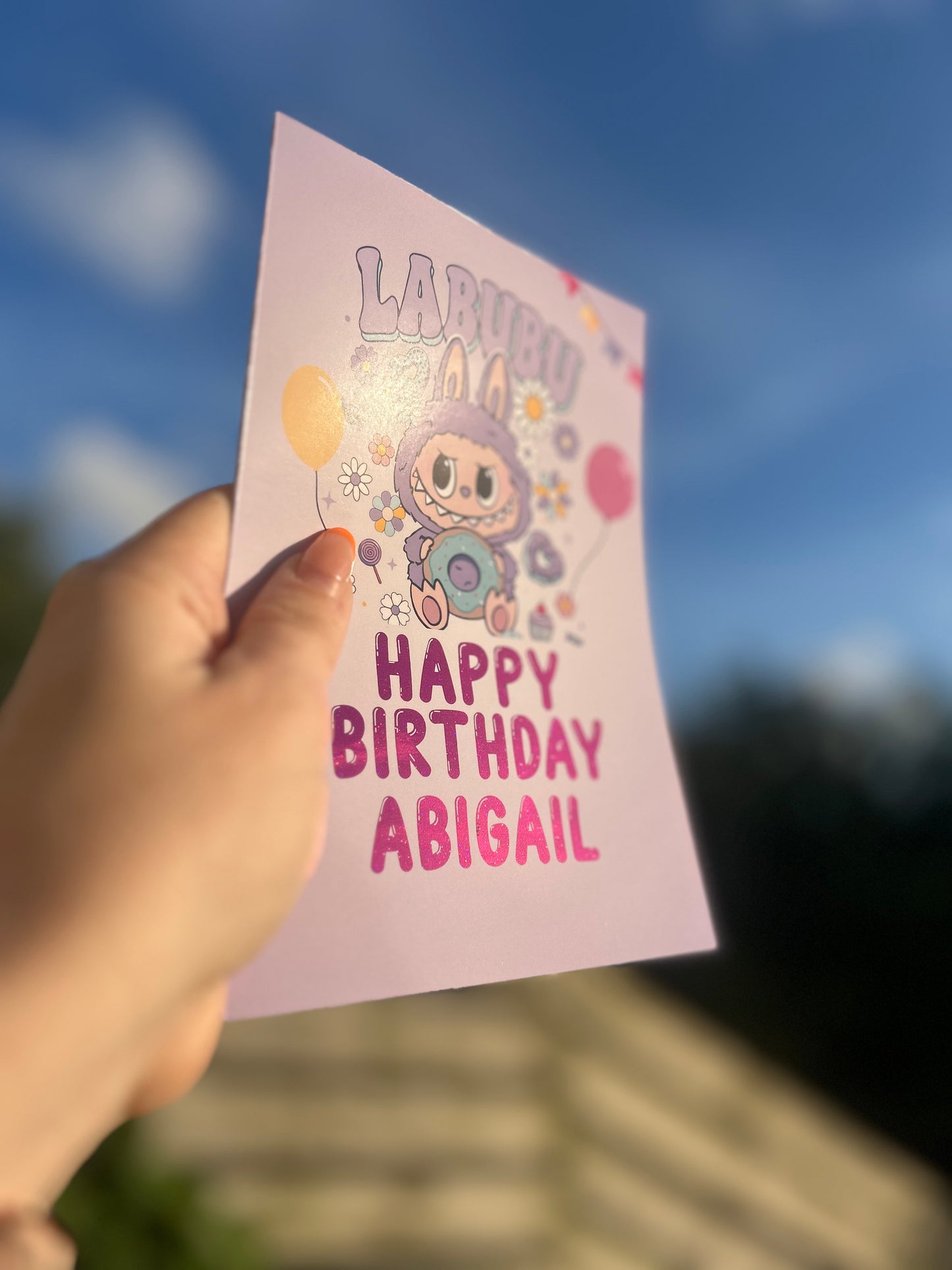 Purple Labubu Birthday Card 5x7 – Gold holographic Foil Finish | Cute Designer Greeting Card | Handmade Kawaii Art Toy Birthday Card (Copy)