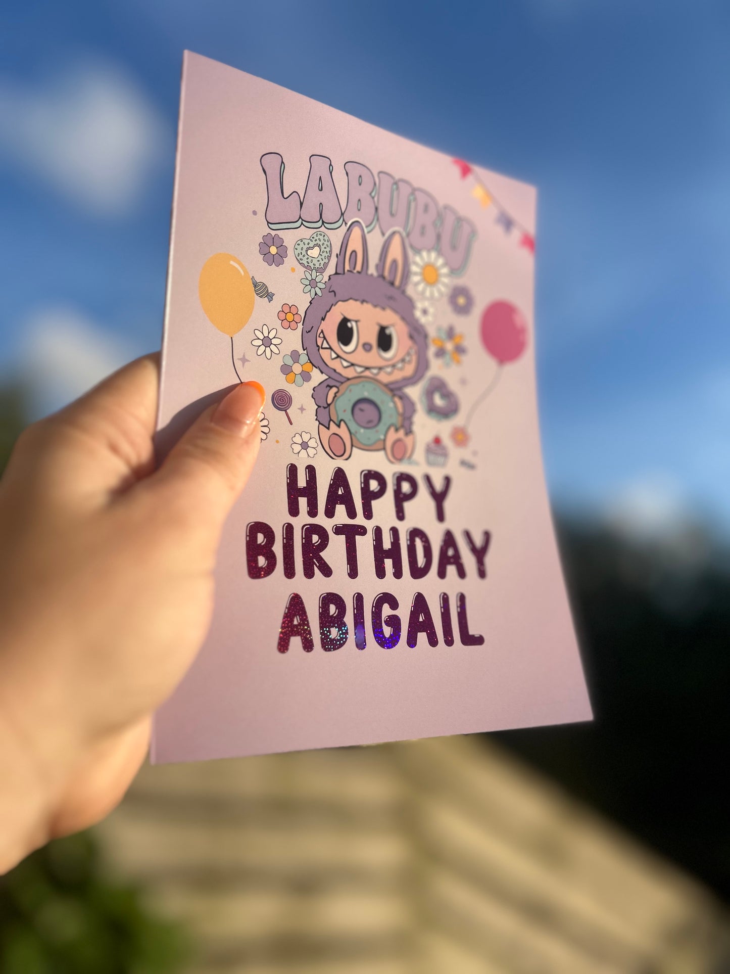Purple Labubu Birthday Card 5x7 – Gold holographic Foil Finish | Cute Designer Greeting Card | Handmade Kawaii Art Toy Birthday Card (Copy)