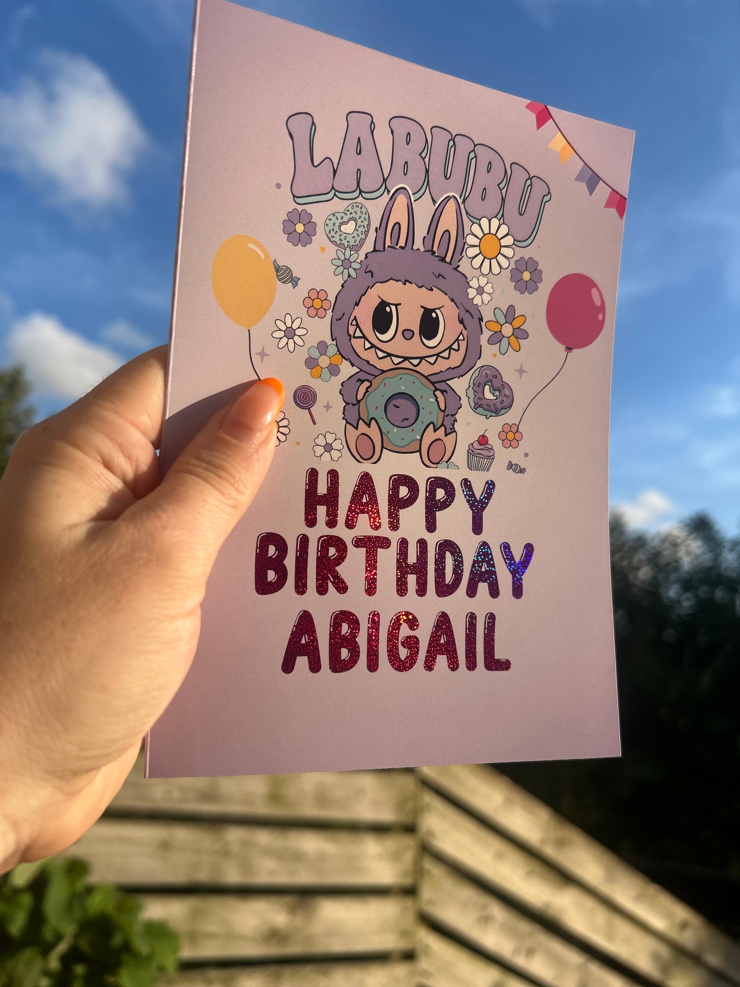Purple Labubu Birthday Card 5x7 – Gold holographic Foil Finish | Cute Designer Greeting Card | Handmade Kawaii Art Toy Birthday Card (Copy)