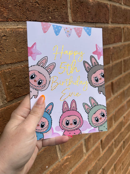 Labubu Birthday Card 5x7 – Glitter Gold Foil Finish | Cute Designer Greeting Card | Handmade Kawaii Art Toy Birthday Card