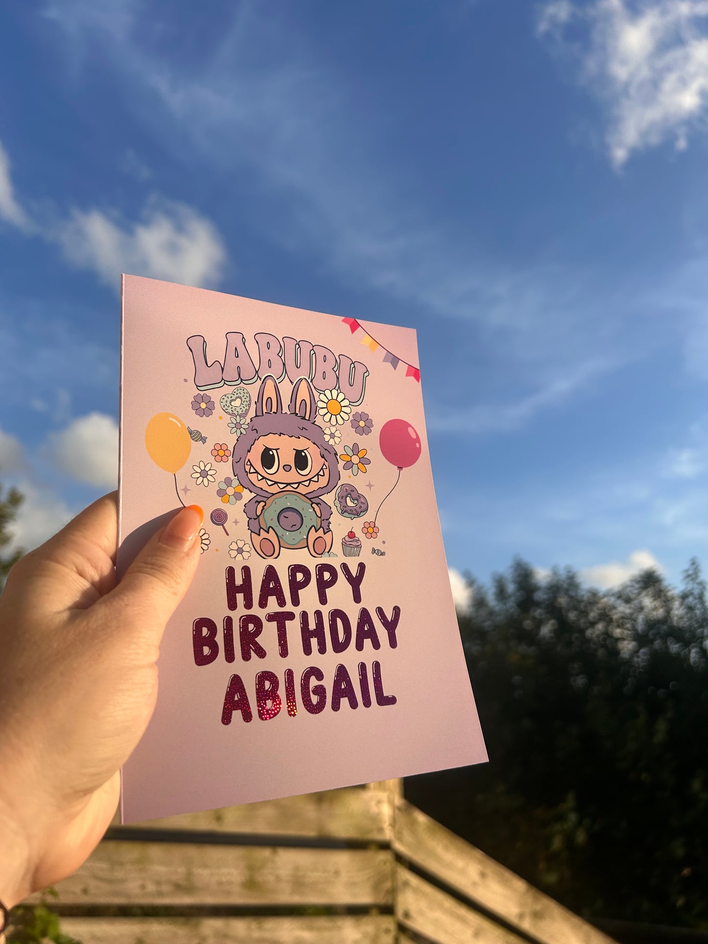 Purple Labubu Birthday Card 5x7 –  Gold holographic Foil Finish | Cute Designer Greeting Card | Handmade Kawaii Art Toy Birthday Card (Copy)