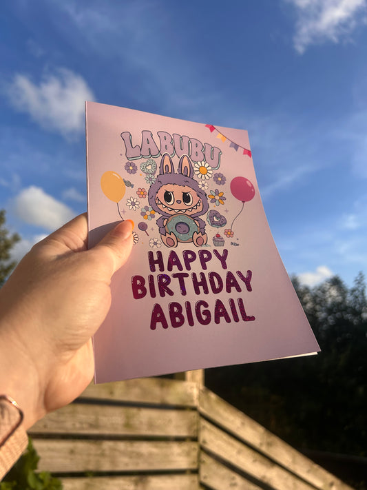 Purple Labubu Birthday Card 5x7 –  Gold holographic Foil Finish | Cute Designer Greeting Card | Handmade Kawaii Art Toy Birthday Card (Copy)